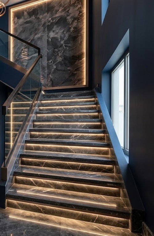 Design concept of a marble staircase with step lights and under-tread LED strips