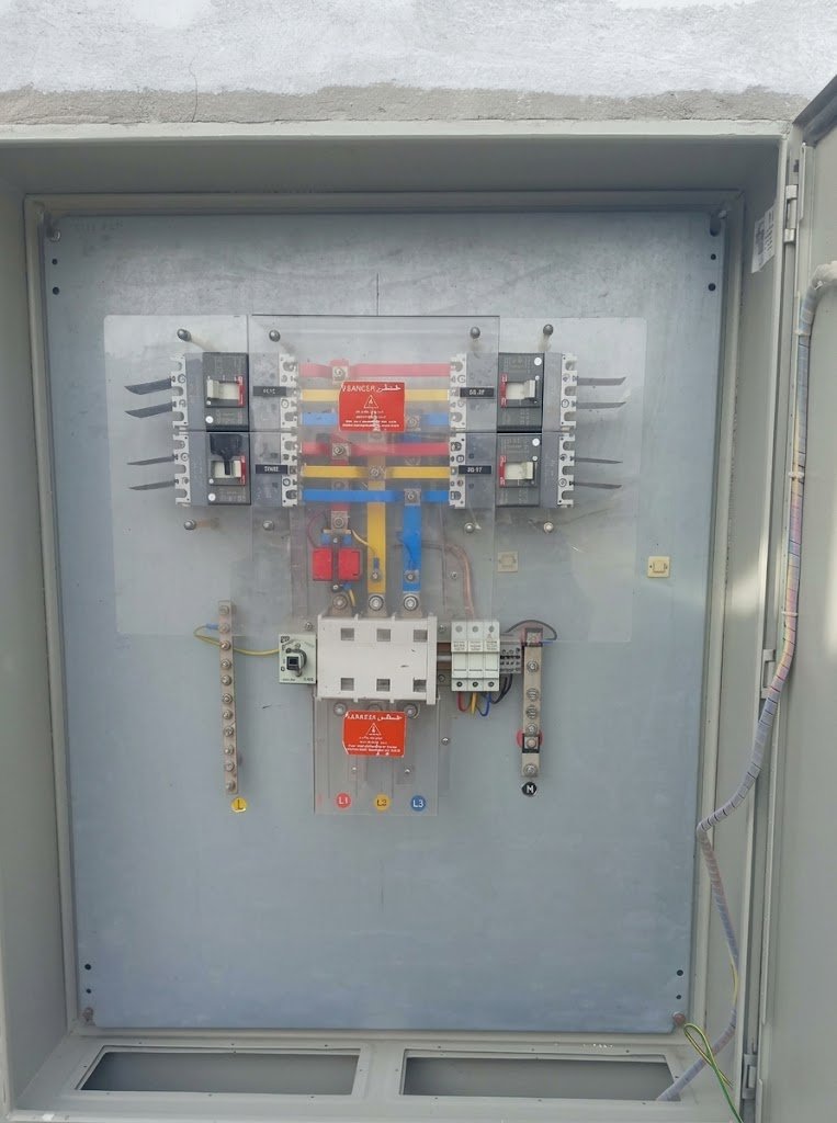 Electrical distribution panel with labelled breakers, part of commercial property maintenance