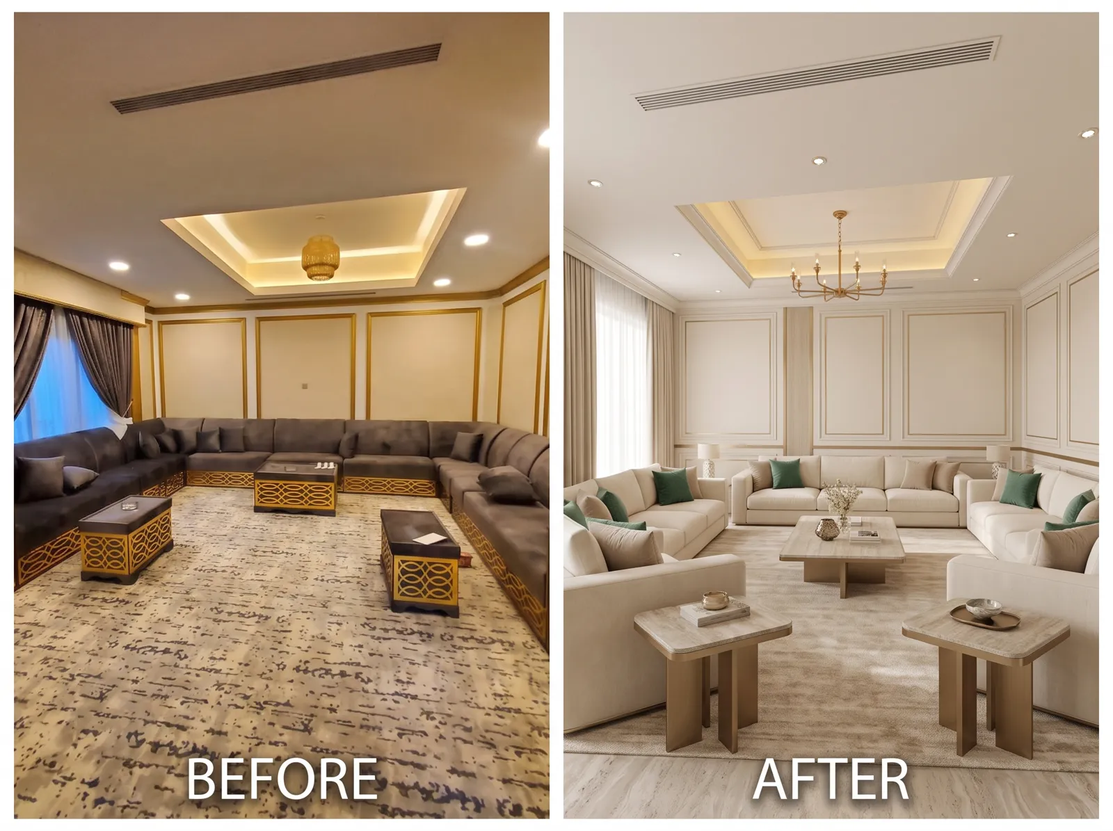 Villa interior design in Dubai: before photo and design concept of a luxury villa lounge