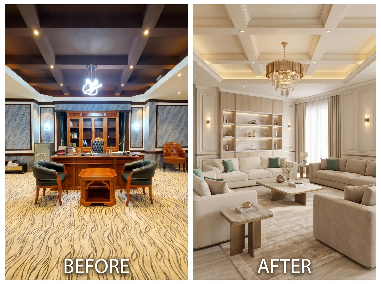 Residential interior design in Dubai: before photo and design concept turning a dark wood office into a cream living room