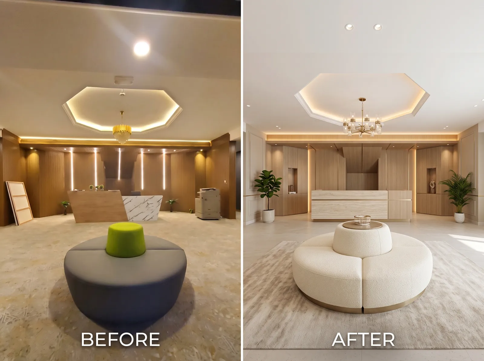 Commercial interior design in Dubai: before photo and design concept of a reception lobby