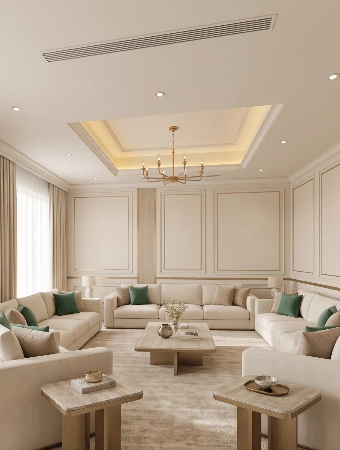 Interior design company in Dubai, Premier Heights Dubai: luxury villa design concept, lounge with cream sofas, panelled walls and a cove-lit ceiling