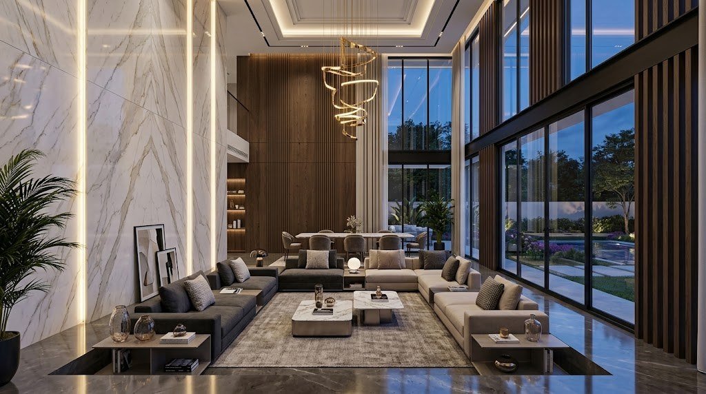 Design concept of a double-height villa lounge with marble walls and timber slats