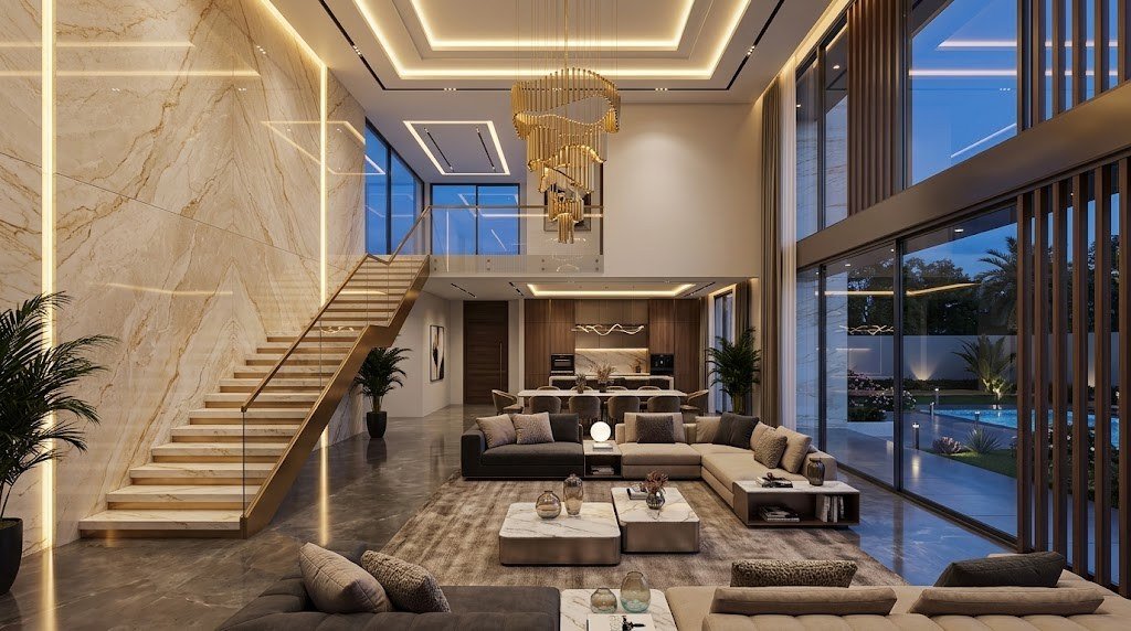 Design concept of a villa living room with layered ceiling lighting, avoiding villa fit out mistakes